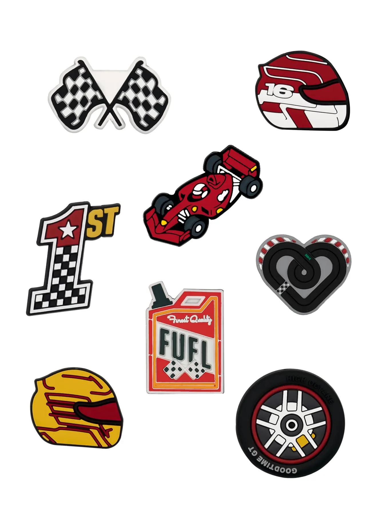 Multi-Set F1 Racing Crocodile Charm Decorations, Versatile Use, Decorative Shoe Accessories, Waterproof PVC Shoe Accessories, Shoe Decoration Charms for Sandals, Slippers, Bracelets, Men, Teens, Adults