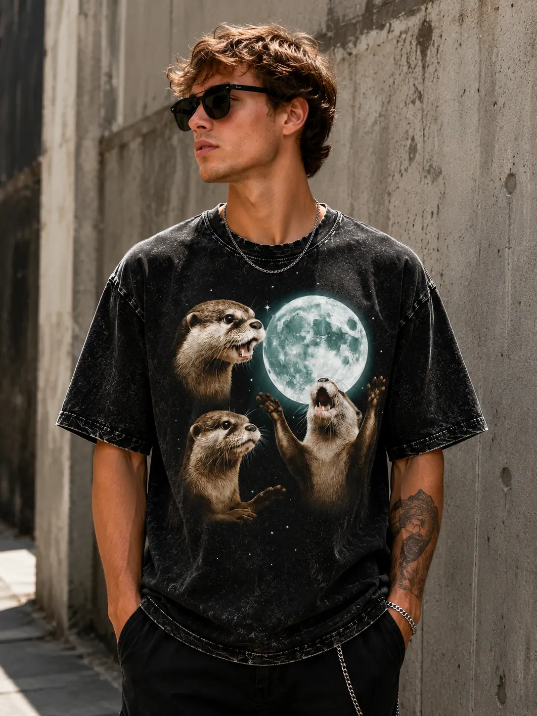 Funny Otter Full Moon Graphic T-Shirt, Men's Oversized Acid Wash Cotton Tee, Cute Wildlife Fantasy Vintage Short Sleeve Top