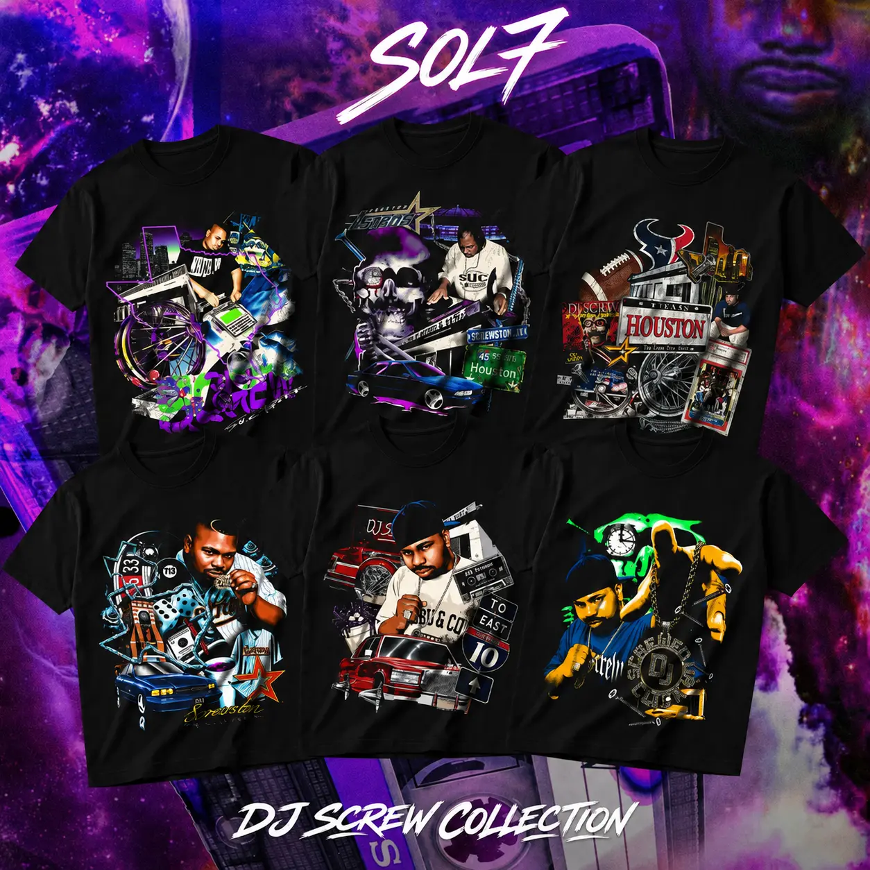 SOL7 DJ Screw Collection Heavy Cotton Unisex Graphic T-Shirt  Houston Texas Screwed Up Click DJ Screw 713 Crewneck Tee, Vintage Streetwear Graphic T-Shirt Direct To Garment Breathable Print