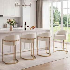 Gold Upholstered Bar Chair Set of 2/4, Modern 27" H Counter Height Bar Stools with Barrel Backrest and Arms, Velvet Bar Stools for Kitchen Island sillas  barra