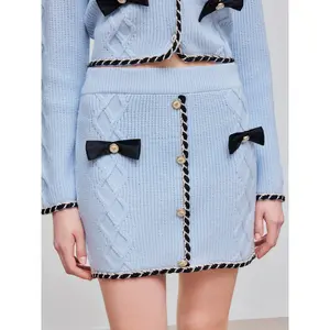 Cider [size 2-10] Knit Mid Rise Contrasting Binding Bowknot Mini Skirt