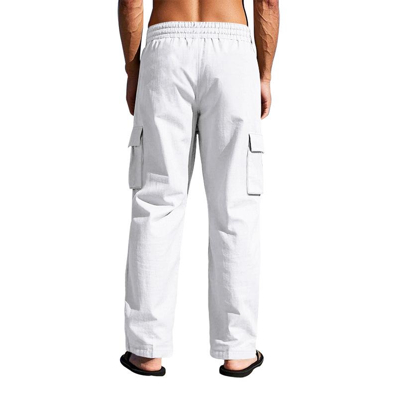 Men's Workwear Multi-pocket Straight Linen Pants Linen Four Seasons Thin Breathable Cargo Pants, Multi-pocket Loose Casual Trendy Wide-leg Pants