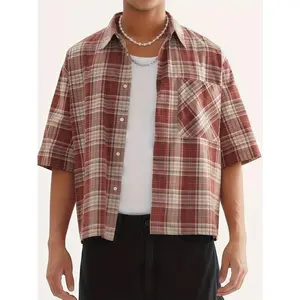 Men's Retro Plaid Short Sleeve Shirt - Lightweight 180g Polyester, Summer Casual Button-Up, Machine Washable, Contrast Trim
