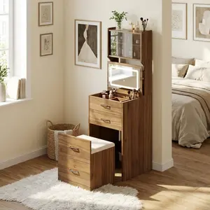 3-in-1 Vanity Desk with 3-Color LED Lighted Mirror & Hidden Chair Compact Makeup Table with AC Outlets USB Ports Drawers Acrylic Doors Jewelry Box Modern Dressing Table for Bedroom