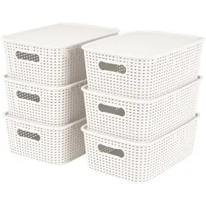Plastic Bins Large Storage with Lids Korean Organizer Bin Basket Set for Organizing Baskets in Closet and Home WHITE MEDIUM_6PK