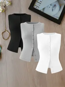 Design Minimalist Casual Sleeveless Round Neck Vest Set, Button Front, Waist Cinched, Show off Curves, Three-Piece, Fashionable and Stylish, Tank Top Set, Womenswear