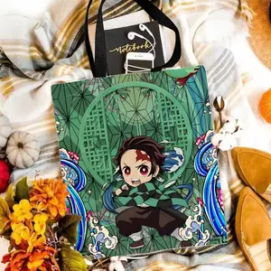 Demon S-Slayer K-Kimetsu No Yaiba Storage Bags Canvas Double-Sided Print Black and White Tote Bag Large Capacity Shoulder Students Festive Fashion Eco Outdoor Picnic Travel High Quality Shopping Handbag Machine Washable