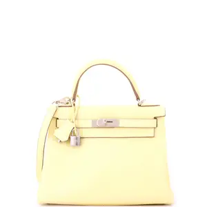 Pre-owned HERMÈS Leather Top Handle Bags Hermes Kelly Handbag Jaune Poussin Clemence with Palladium Hardware 28 by Rebag