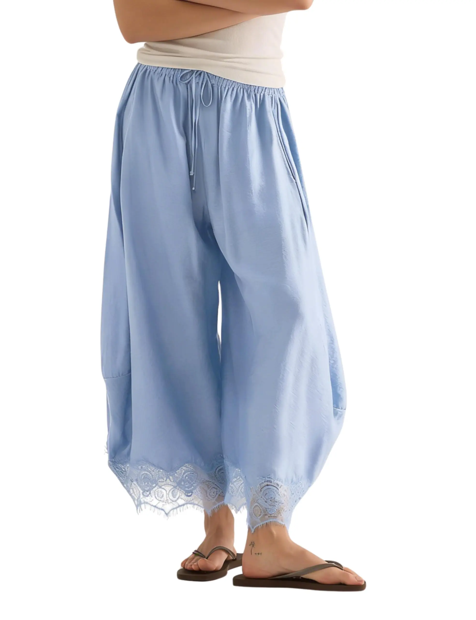 Arssm Women's Cropped Lace-Hem Pants High Waisted Drawstring Wide Leg Pants Casual Lightweight Trousers with Pockets