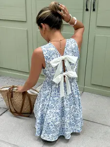 Women's Bohemian Style Mini Dress, Backless Floral Print Halter Neck Sleeveless Design, Summer Beach Vacation, Trendy Fashion