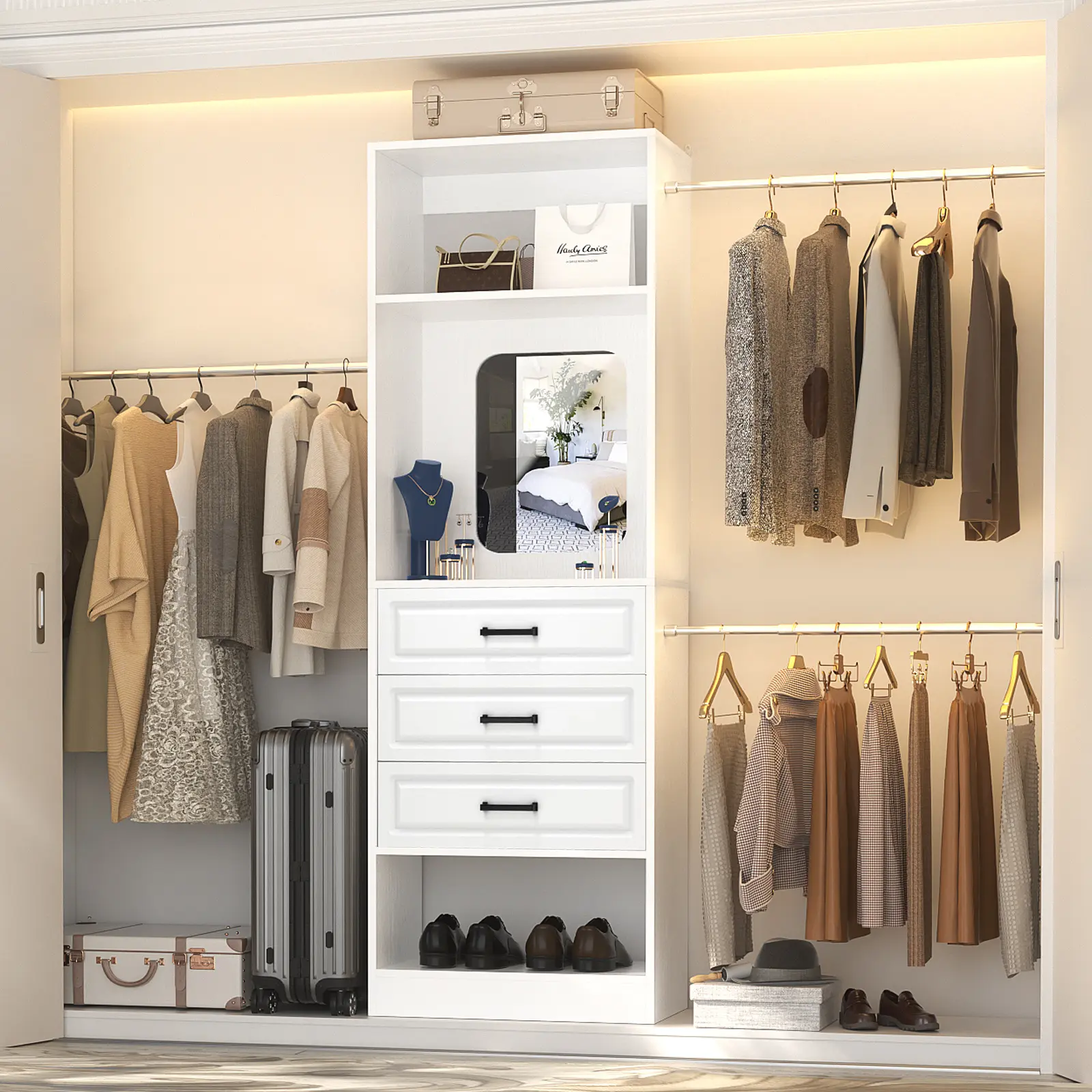 New Style 48"-96” Wide Closet System with Mirror, Sturdy Walk in Closet Organizer Kit with Drawers and 3 Extendable Hanging Rods, Easy to Assemble