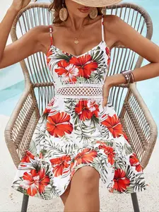 Women's Floral Tropical Lace Patchwork Slim-Fit Summer Dress, Elegant Hollow Out Design, Perfect for Beach Vacation, Casual Woven Fabric