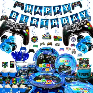 Video Game Birthday Decorations for Boys, 213 pcs Video Game Party Decorations, Tableware Set-Video Game Party Plates Cups Napkins Tablecloth Balloons Banner Hanging Swirls etc Gamer Party Supplies(Blue)