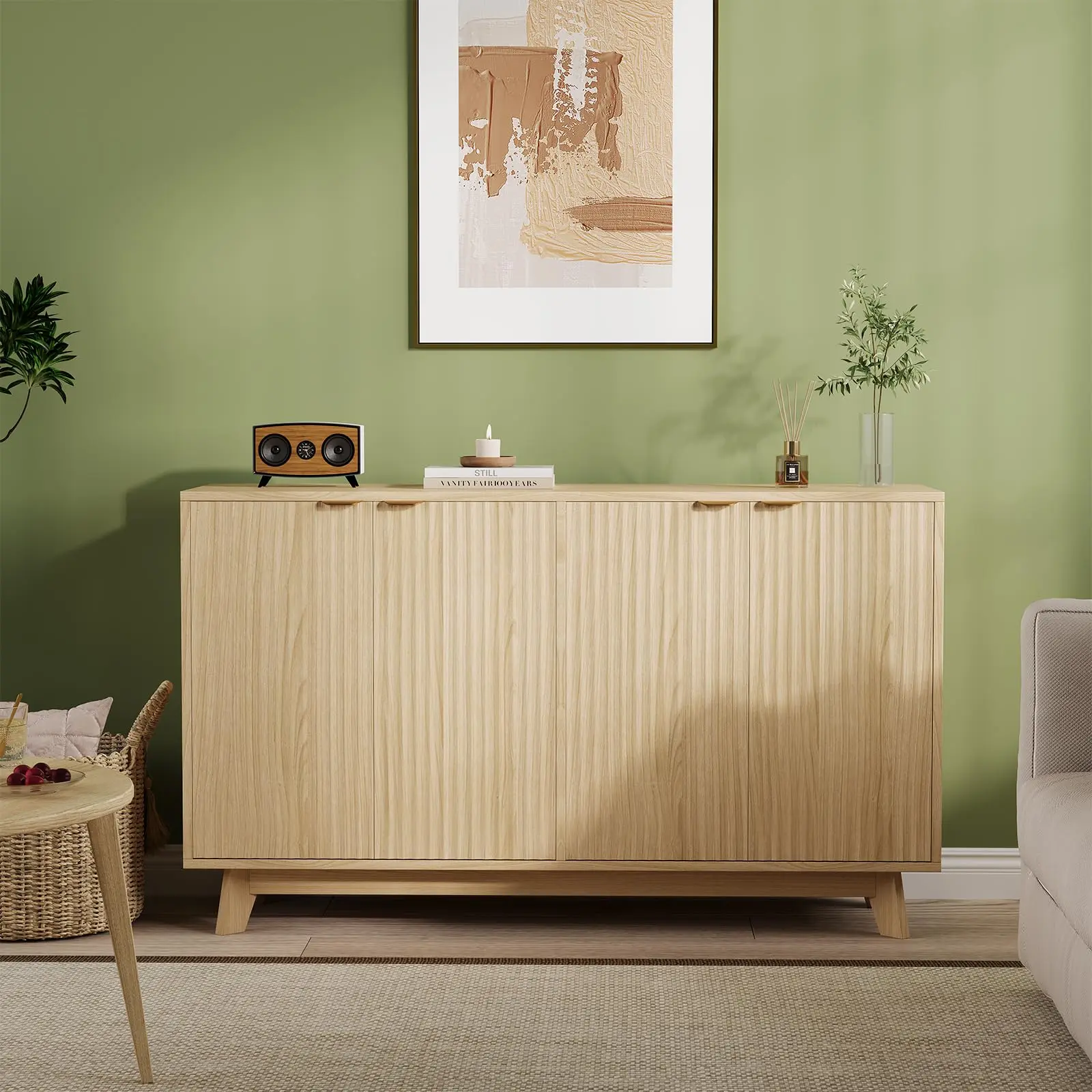 Garvee closet Buffet with Storage, Modern Striped Accent Credenza with Doors and Adjustable Shelves, 55-Inch Wooden Coffee Bar Console Table for Living Room, Dining Room, Kitchen
