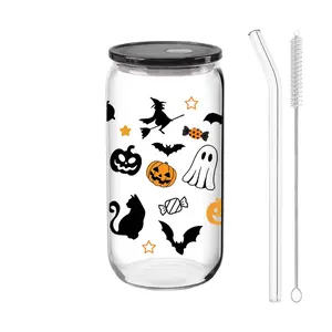Halloween Glass Cup Set, 16oz Drinking Glasses with Glass Straw & Brush, Perfect Halloween Decorations, Ideal Gift for Spooky Season