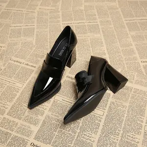 2026 Spring New Pointed Toe Slip-On High Heels Elegant Minimalist Fashion Women's Shoes Black Lace-Up Brogues British Style Chunky Heels 7912-1