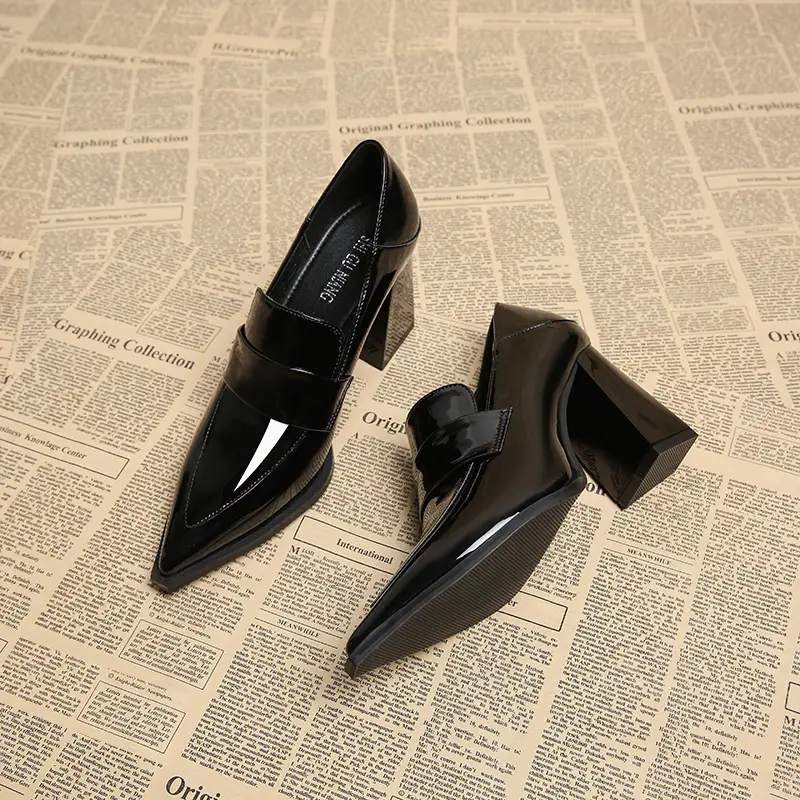 2026 Spring New Pointed Toe Slip-On High Heels Elegant Minimalist Fashion Women's Shoes Black Lace-Up Brogues British Style Chunky Heels 7912-1