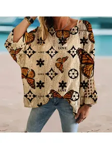 Geometric Butterfly Print Long Sleeve Knit Top, Casual Elegant Vacation Style Sweater, Loose Batwing Shoulders, Spring Summer Fall Women's Clothing
