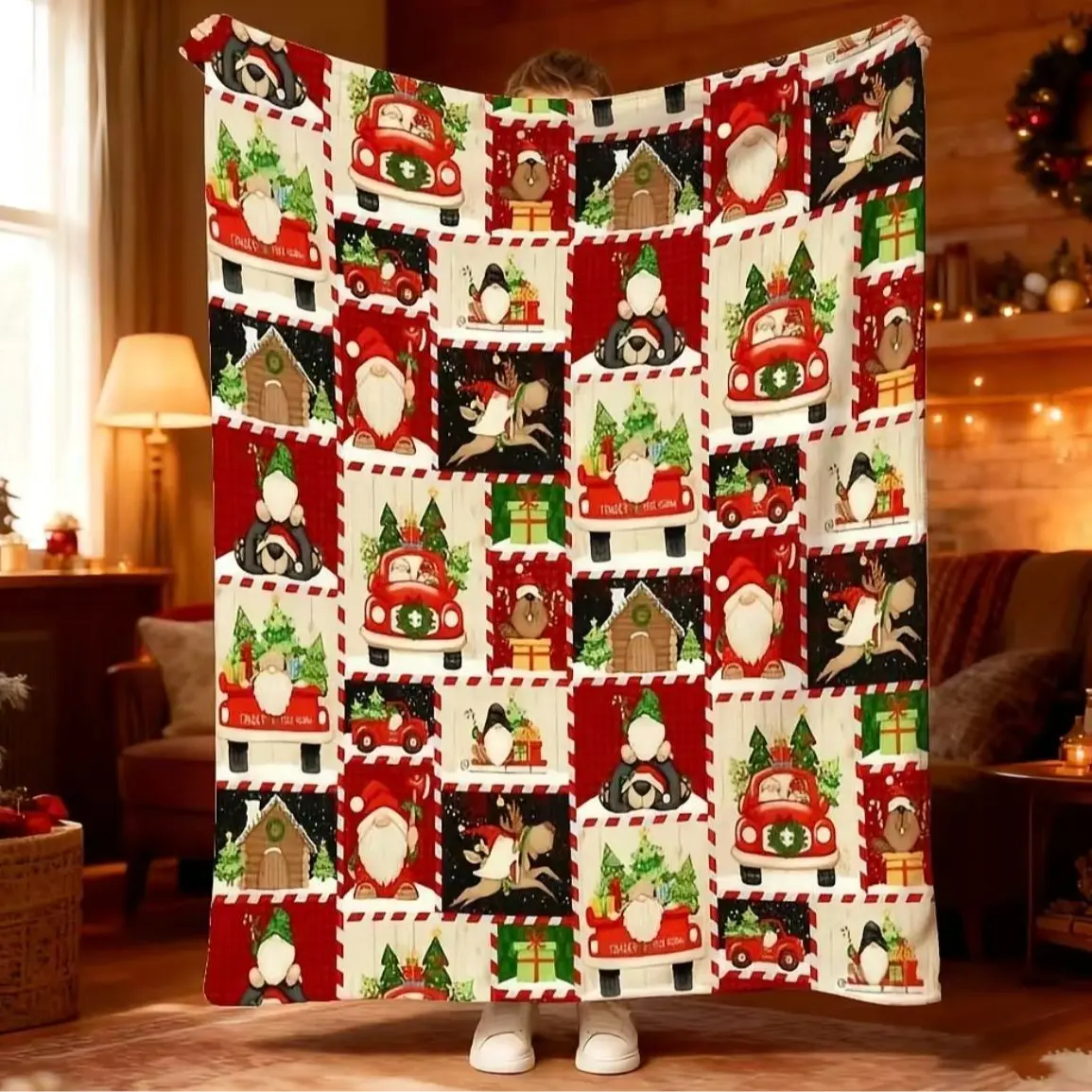 1pc Cozy Christmas Patchwork Blanket, Cozy Blanket Throw - for Bedroom, Sofa, Camping Relaxation | Festive Red and Green Design featuring Santa, Gingerbread House, Trees for Warmth and Comfort | Ideal Nap Blanket for Seasonal Winter Decor and Celebr