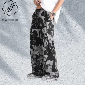 Men's Black and White Character Print Loose Fit Work Pants with Personalized Design, Eye-Catching Street Style, Multi-Pocket Utility Cut, Perfect for Creating a Unique Urban Cool Look Fashion Menswear Trouser casual comfy loose fitting trouser