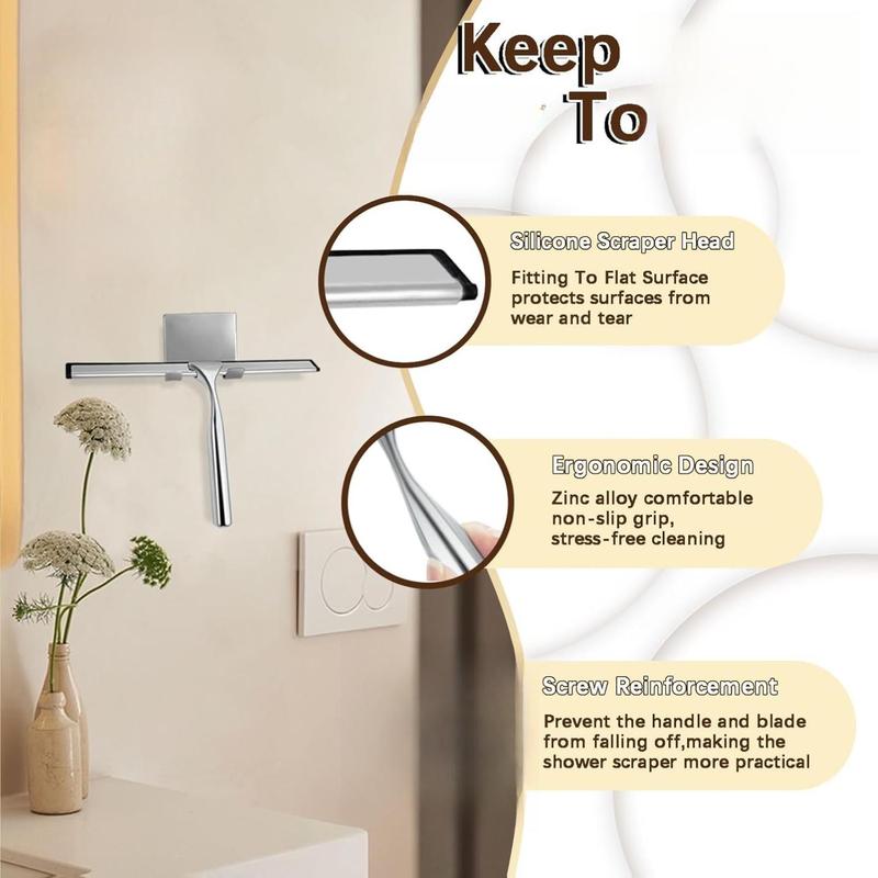 Shower Squeegee for Glass Doors, Stainless Steel Squeegee for Shower Glass with Adhesive Hook, 10’’ Multi-Purpose Window Squeegee for Window Cleaning, Bathroom, Glass, Car Windows, Mirrors, Tiles