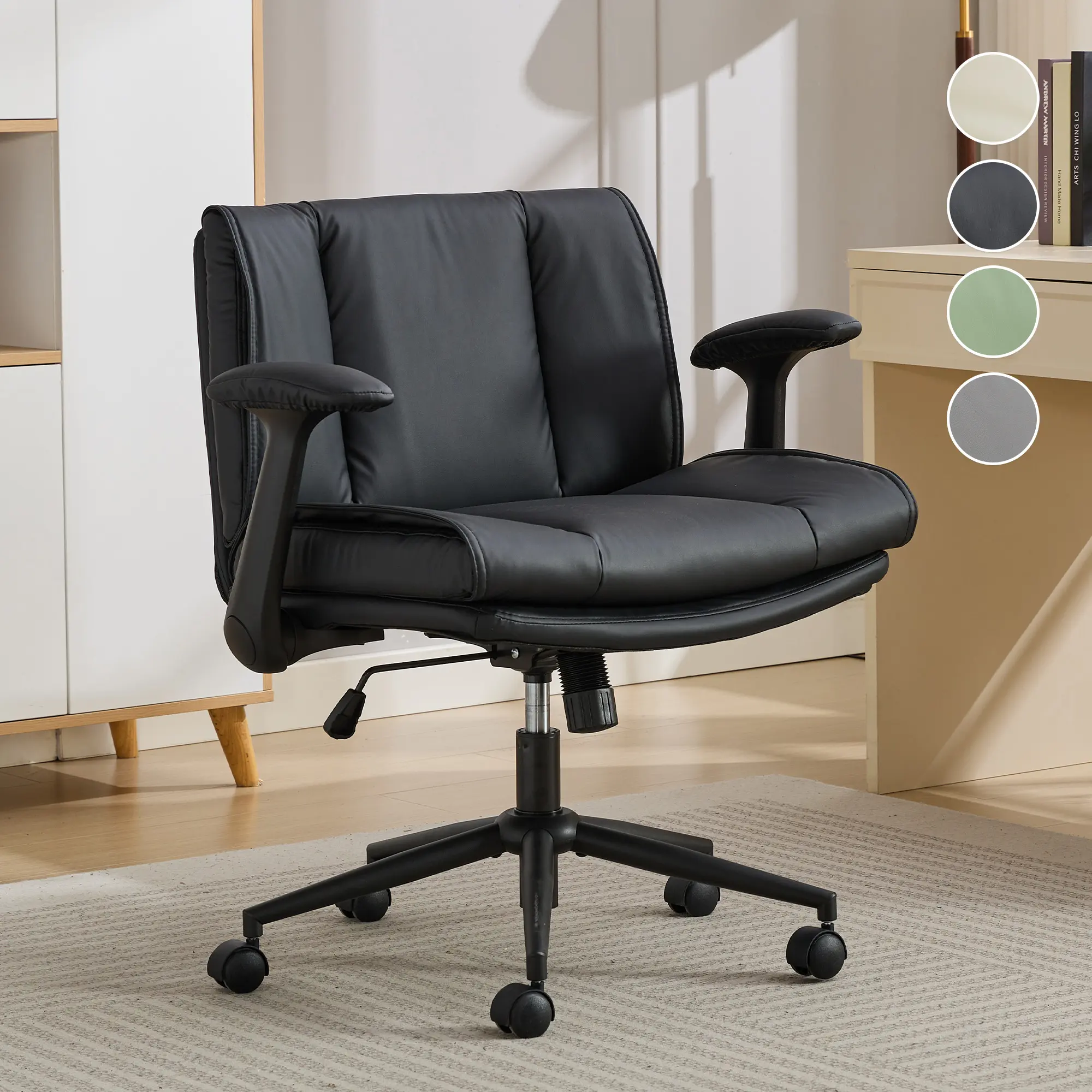 Criss Cross Chair with Flip-Up Armrests Leather, Cross Legged Office Chair on Wheels, Comfy Swivel Chair with Wide Seat for Home Office, Vanity, Accent, Ergonomic Desk Chair Adjustable