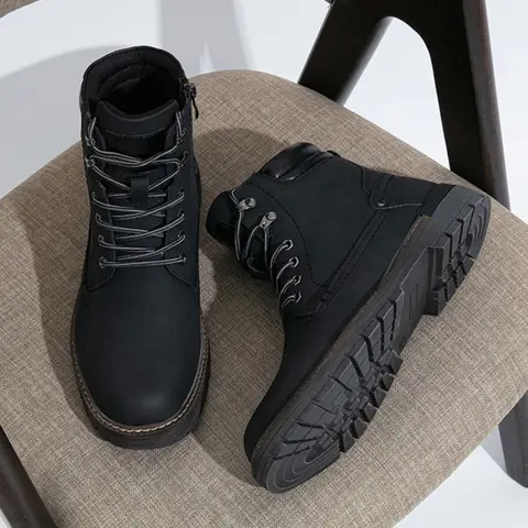 JOUSEN Men's PU Leather Chukka Boots - Camping, Casual Daily, Classic & Retro, All Seasons, Stable Round-Toe, Zip + Lace, Side Zipper for Quick On/Off, Exquisite Stitches