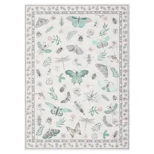 10x13 ft Beige Polyester Fiber Low Pile Rectangular Rip-Resist Area Rug, High Traffic, Insects Motif, Nature-Inspired Modern Design, Stain-Proof, Machine Washable for Living Room, Bedroom, Rip-Resist Area Rugs, Earth-Tone Area Rugs, Giant Area Rugs