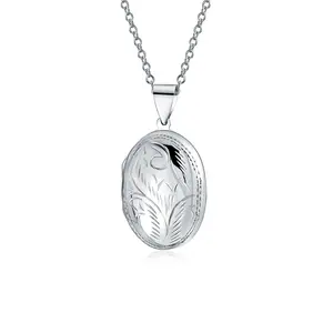 Vintage Style Floral Design Small Oval Shape Photo Locket Necklace Pendant .925 Sterling Silver