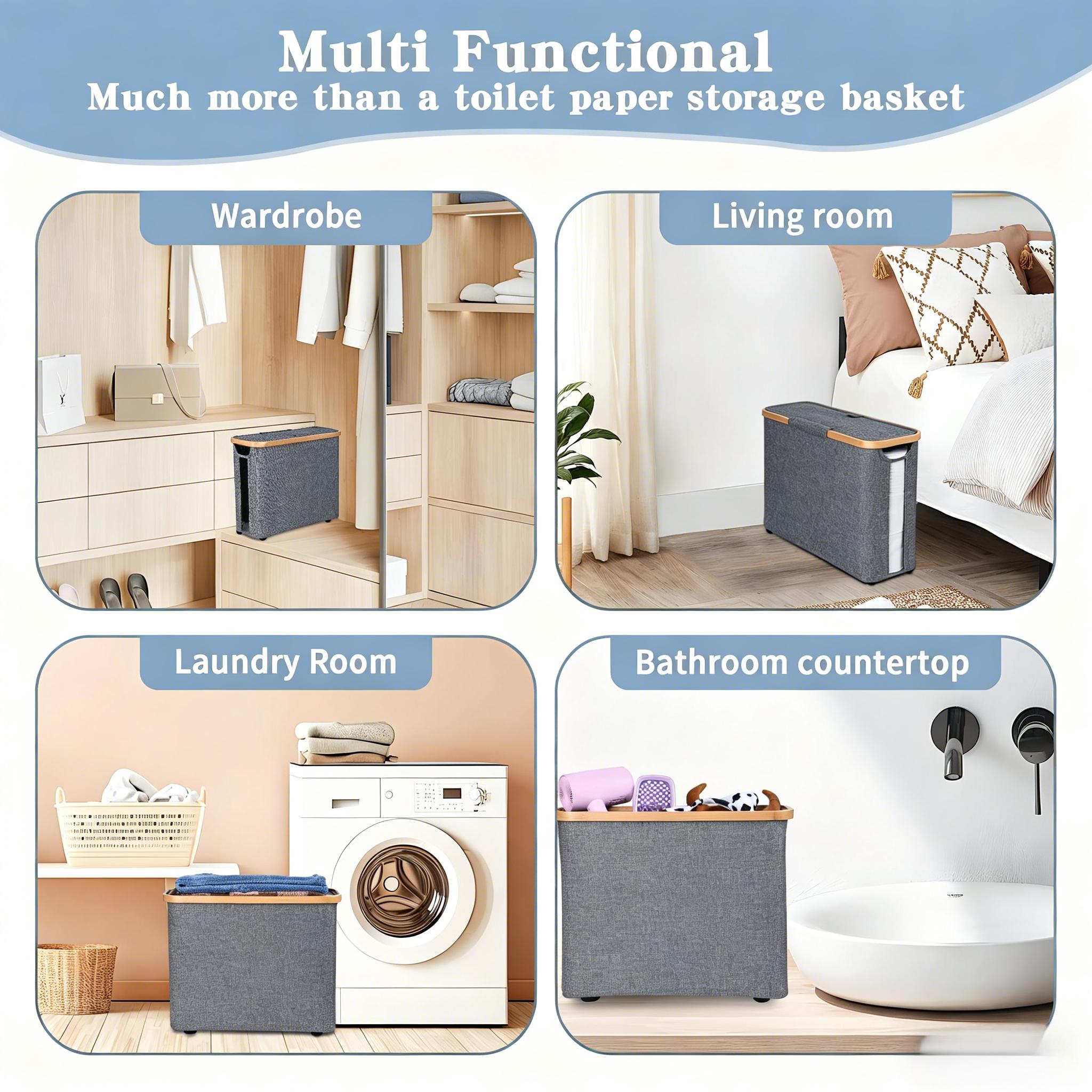 Elegant Narrow Toilet Paper Holder with Lid, Classy Bathroom Tissue Storage Organizer, Waterproof Oxford Fabric for Mega Rolls