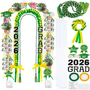 ONERIR 2026 Graduation Leis 18 Pcs - Vibrant Yellow Green Double Ribbon Youthful Class of 2026 Graduation Candy Lei Set Unisex Graduation Party Decorations Gift