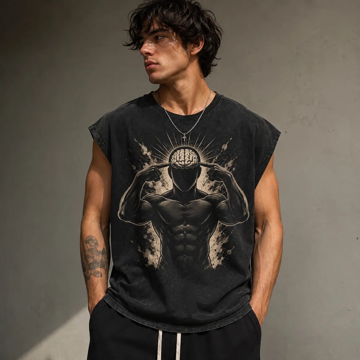 Mind Over Muscle Gym Tank Top – Brain Power Bodybuilder Graphic Shirt, Vintage Oversized Workout Tank Top