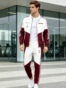 Men's Paris Logo Sportswear Set - Casual Sports Jacket & Jogging Pants, Geometric Print, Stand-Up Collar, Zipper Jacket, Color-Matching Design, Suitable for All Seasons Streetwear Tracksuit Set Sporty Style