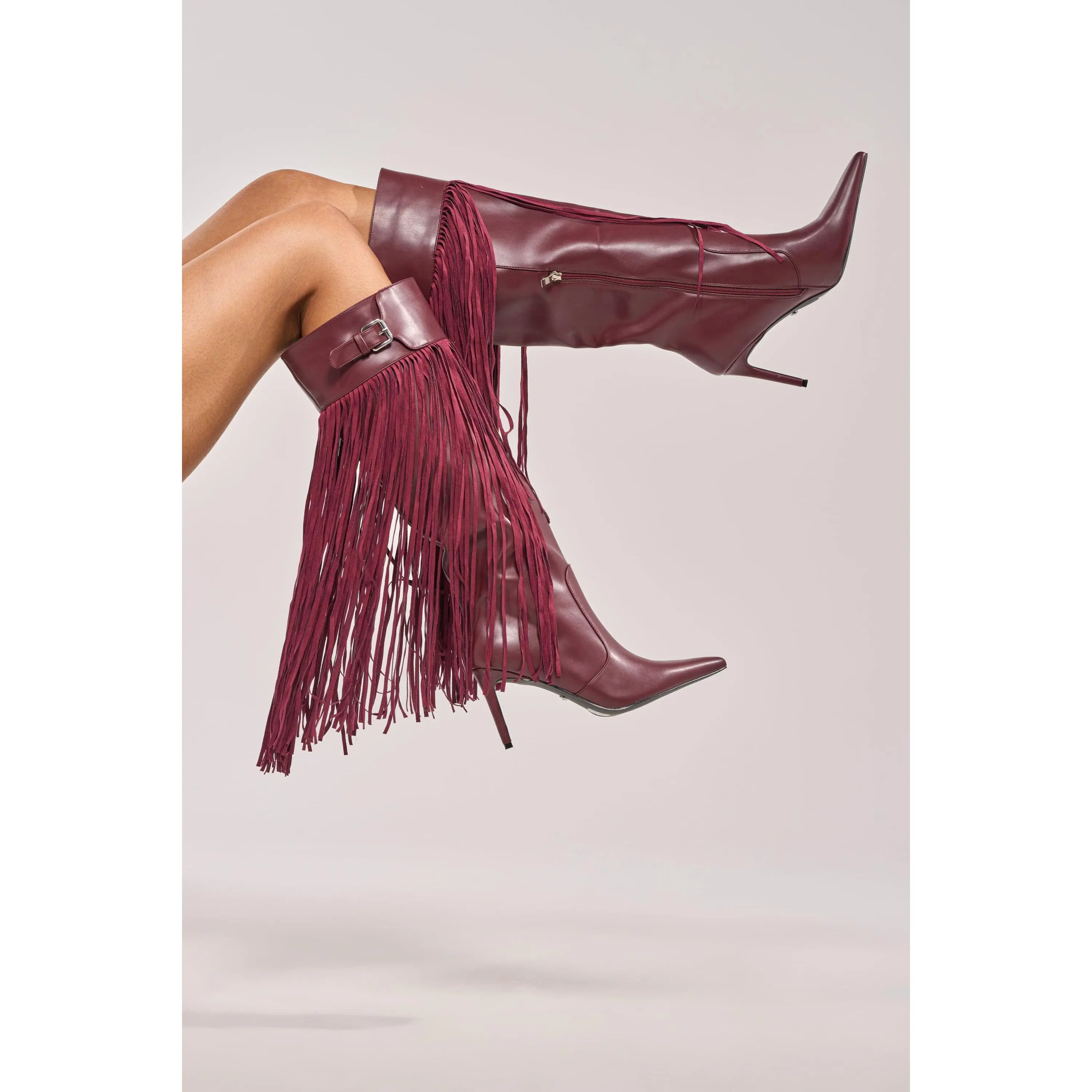 AZALEA WANG HEARTBEAT BURGUNDY FRINGE BOOT