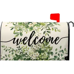 Welcome Spring Mailbox Covers Magnetic Green Eucalyptus Leaf Wreath Flowers Post Letter Box Cover for Garden Standard Size 21x18 in Mailbox Wraps for Yard Home Decor