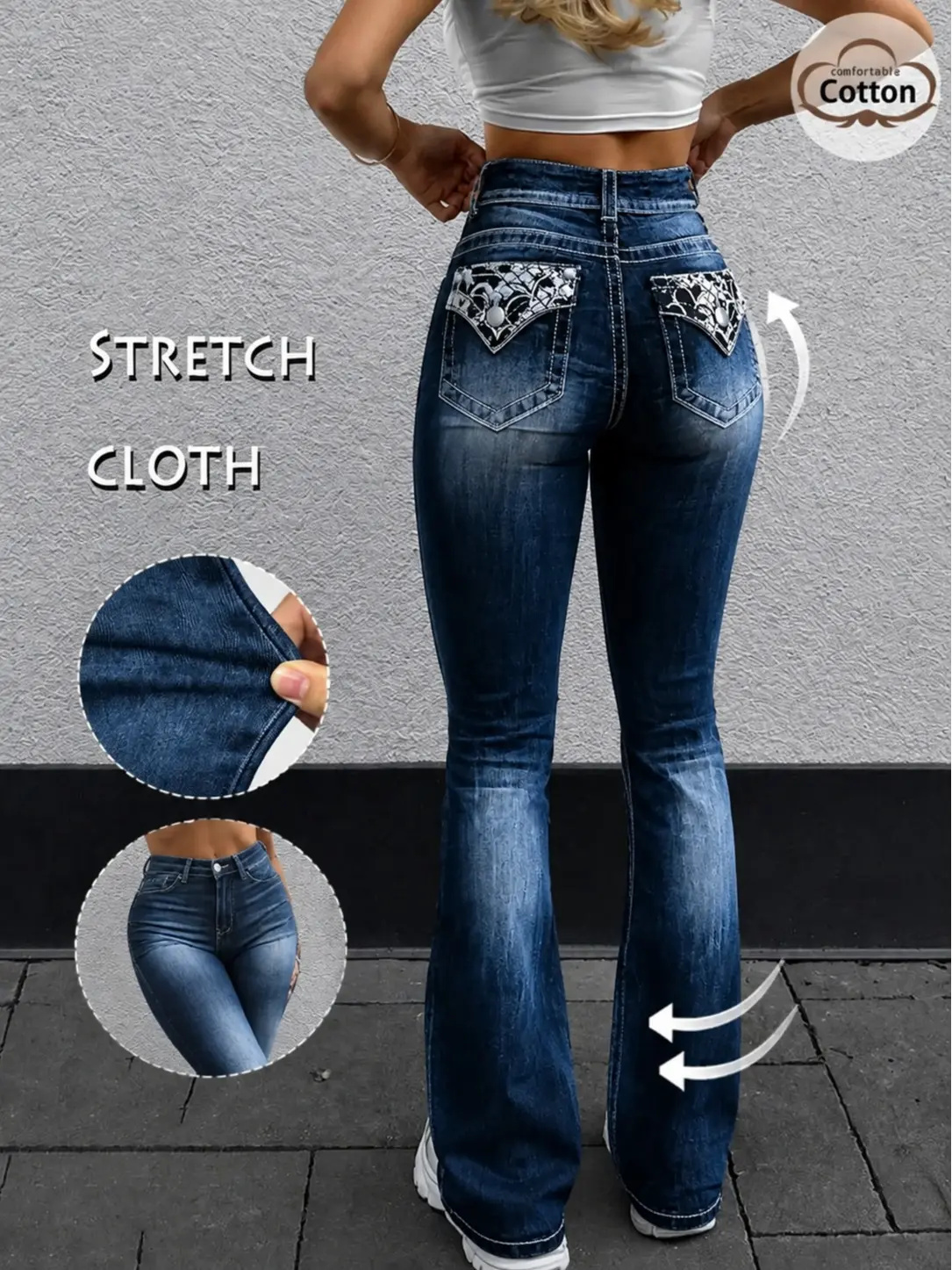 Mid Rise Stretch Flare Bootcut Jeans for Women Dark Wash Contrast Stitch Lace Patch Back Pockets Denim Pants