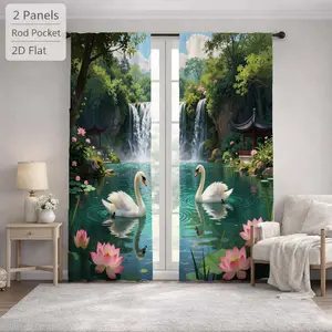 2Pcs Asian Landscape White Swan Lotus Pattern Sun Blocking Curtains Digital Printed Rod Pocket, Window Treatment For Bedroom Office Kitchen Living Room Study Home Decor