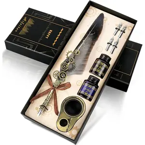 Feather Pen Ink Set Calligraphy Pen Set Includes Quill Pen, 2 Bottles of Color Ink, 2 in one Holder, 4 Stainless Steel Nibs, Black Gift Box-Grey