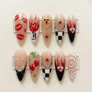 Red Flame Heart Press On Nails 3D Cherry Coquette Gothic Kiss Checkerboard