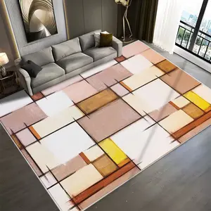 Modern Abstract Geometric Area Rug – Beige, Brown & Yellow Contemporary Living Room Carpet with Non-Slip Backing