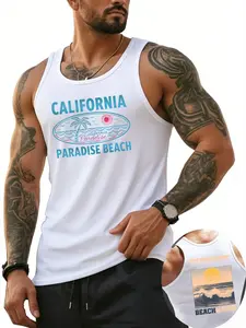 California Beach Sunset Wave Print Men's Tank Top, Quick-Dry Breathable Workout Vest, Casual Loose-Fit Short Sleeve Shirt
