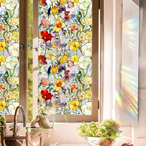 Floral Stained Glass Window  Film, Retro Decorative Rainbow Window  Film Sun Blocking, Magnolia Flower Glass Decal,Static Cling Stickers for Living Room,  Sunroof. (H, 17"W x 78.74"L)