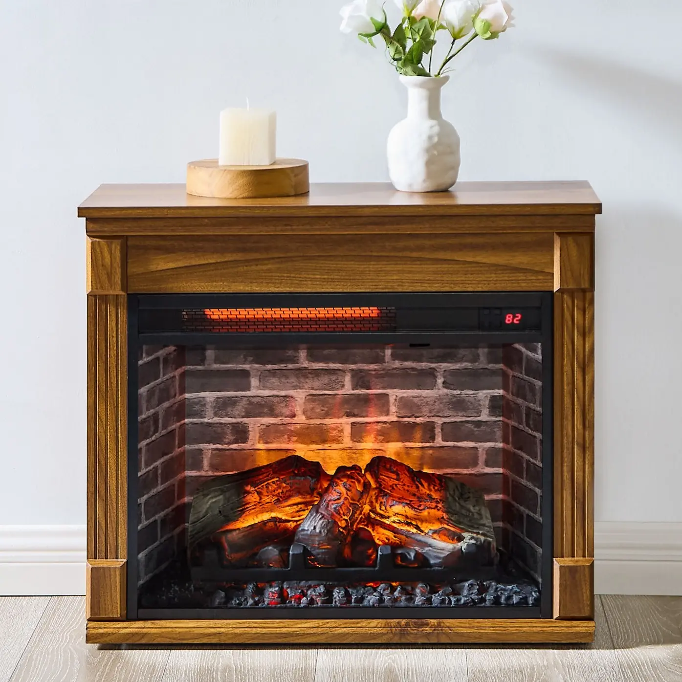 Eyisean 28" Electric Fireplace Heater Mantel with Adjustable Temperature, TV Media Entertainment Center with 1500W Heater Electric Fireplace, Removable Caster Wheel and Remote Control