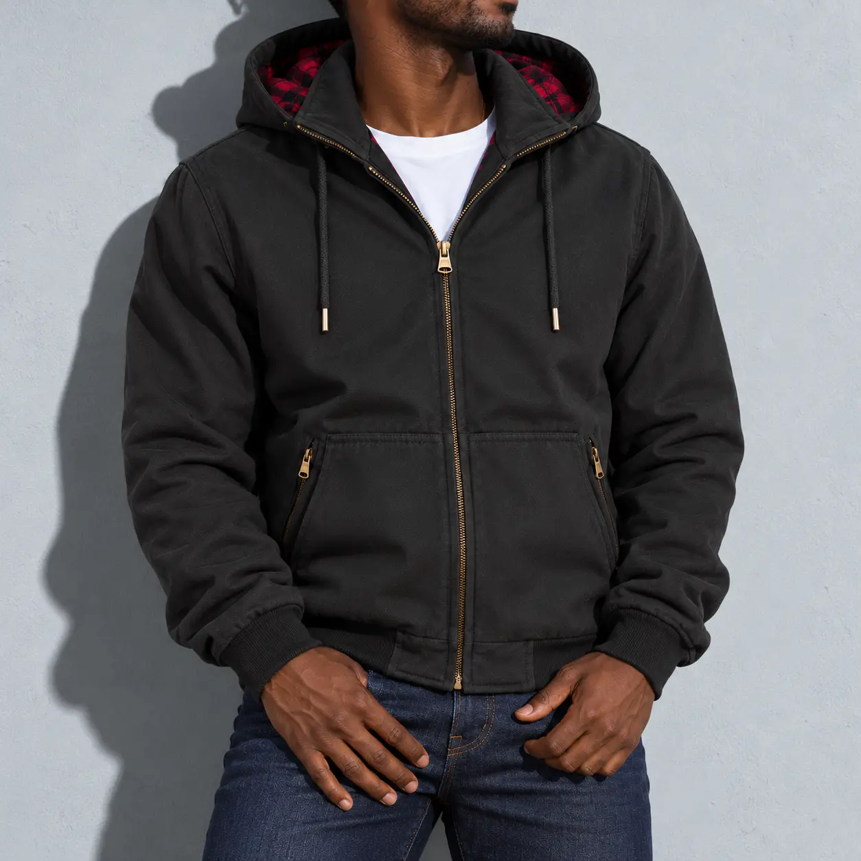 Men's Plaid Lined Hooded Bomber Jacket, Quilted Interior Full Zip Coat with Removable Hood and Zipper Pockets for Fall Winter Casual Wear