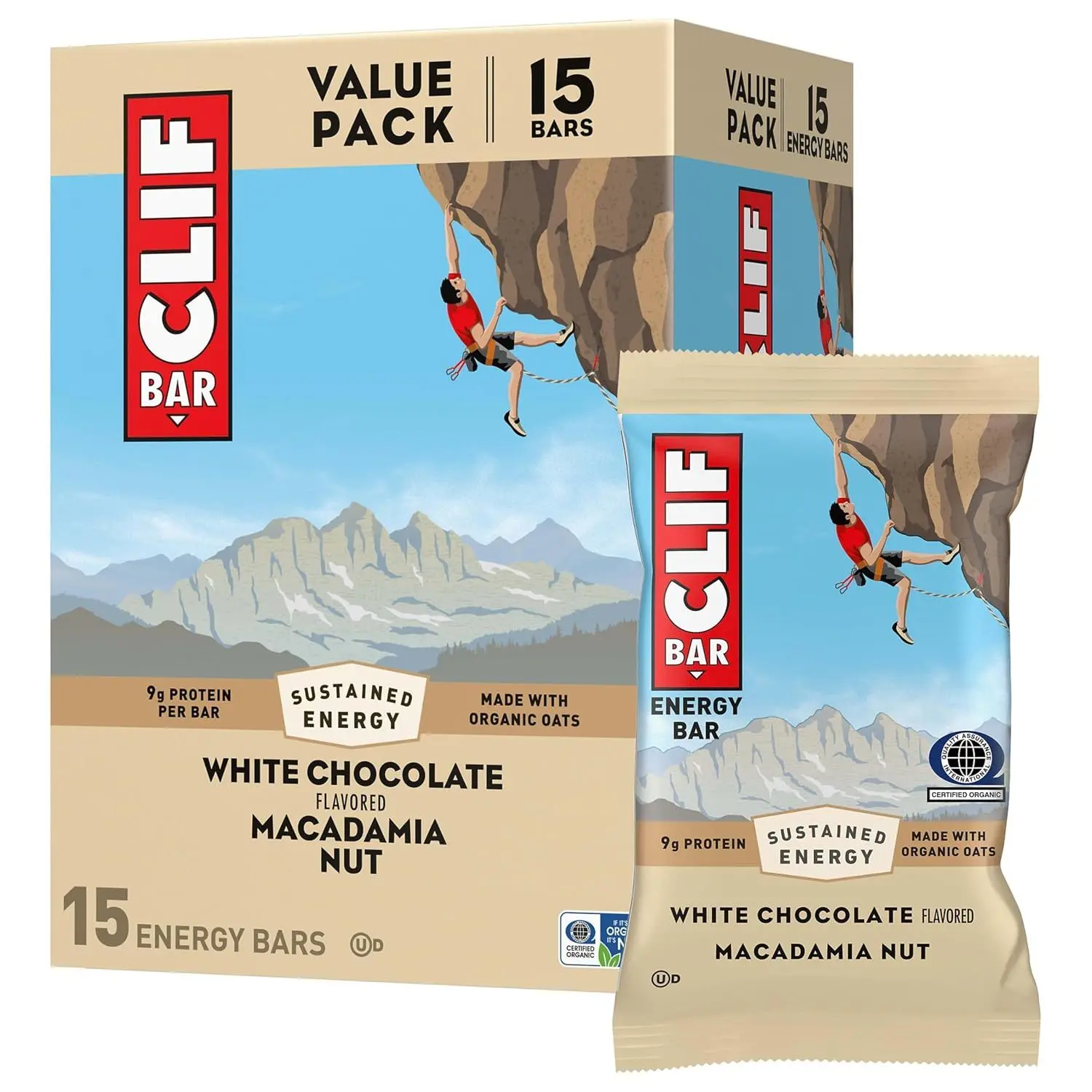 CLIF BAR Protein Energy Bars, White Chocolate Macadamia Nut, 15ct | 9g Protein, Made with Organic Oats, Non-GMO, Plant-Based, No High Fructose Corn Syrup