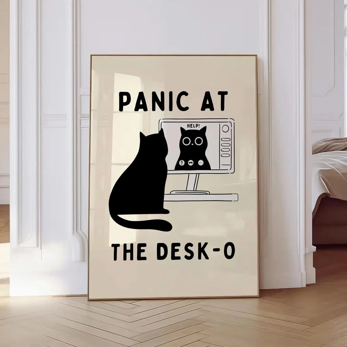 Panic At The Desk-O Print, Funny Black Cat Art, Motivational Poster, Desk Decor, Above Bed Decor, Corporate Gift, Trendy Poster, Meme Cat, Unframed