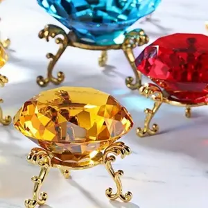 Boho Style Diamond-Shaped Crystal Ornament, Golden Stand, Transparent Multi-Color Glass, Ideal for Wedding, Home Office Decor, Perfect Gift, Celebratory Gift