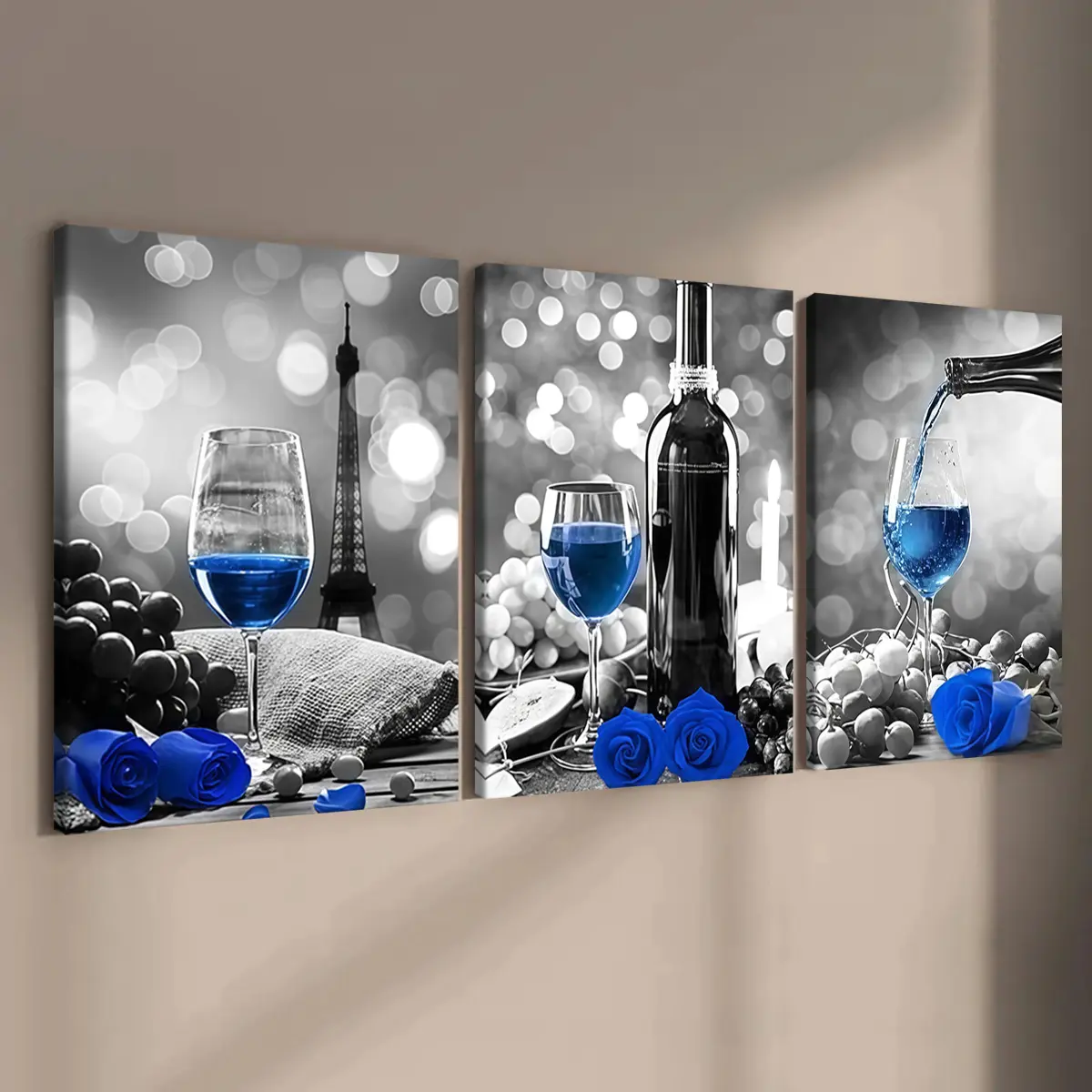 3-Piece Wood Frame Canvas Art Poster Set, Blue Wine Paris Style Modern Wall Decor, Decorative Wall Art, Modern Cool Design, Modern Art Design, High-Definition Waterproof Home Decoration, Artwork