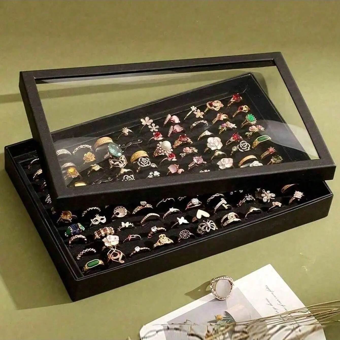 Ring Jewelry Box with Lid, Earring Display Tray, Velvet Ring Storage Plate, Dustproof Jewelry Showcase, Simple Style Jewel Case, Dustproof Organizer Boxes, Display Container