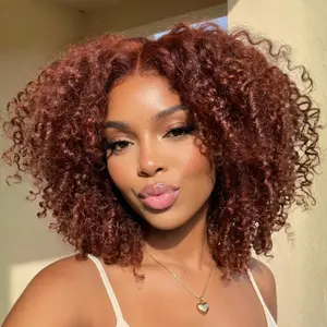 UNice 250% Density Reddish Brown Fluffy Layer Kinky Curly with Burmese Curly Ends Wig No Slip Glueless Pre-cut 7x5 HD Lace Closure Human Hair Wigs with Layer Finger Coil Ends 16inch Beginners Friendly Natural Looking summer wig